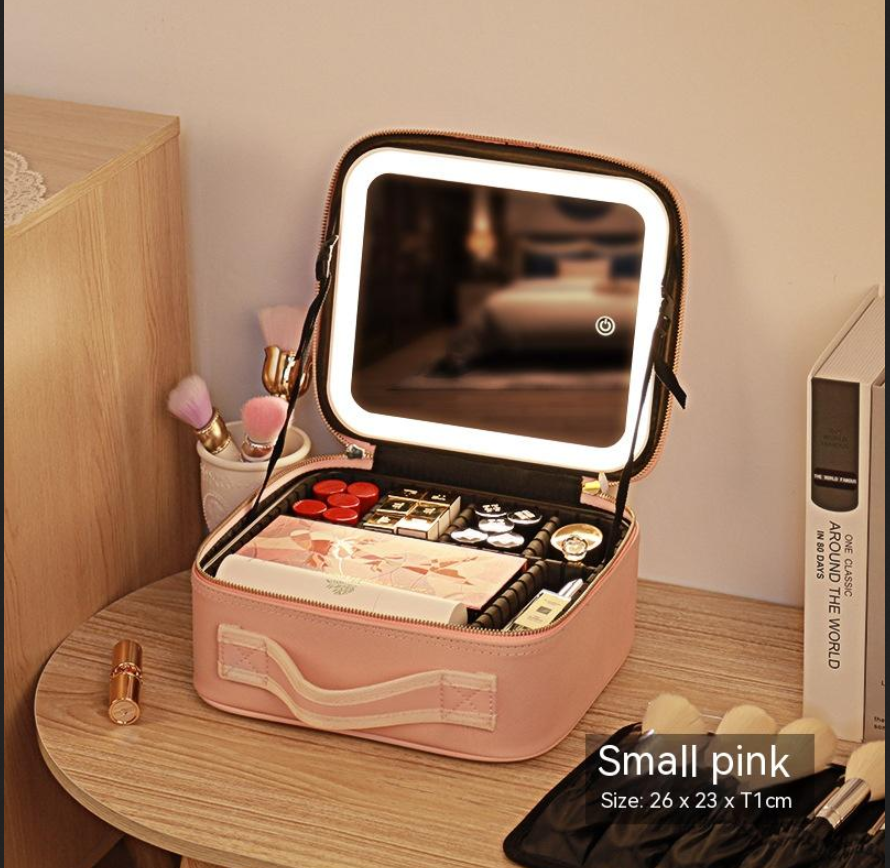 Portable Cosmetic Bag with Mirror & LED Light, Skin Care Storage Box