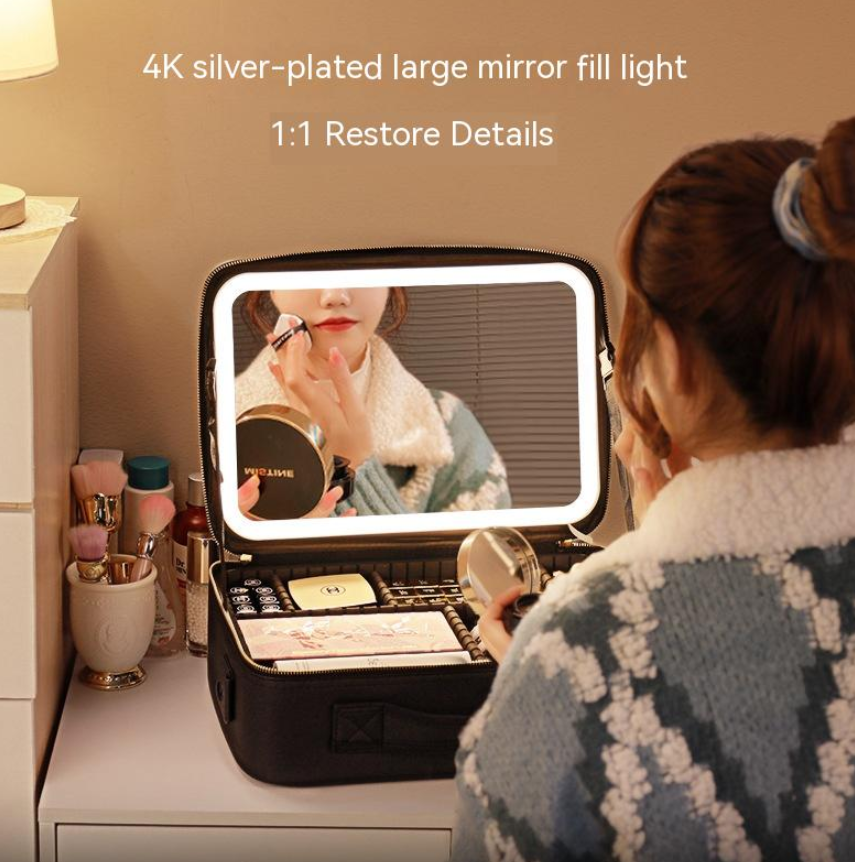 Portable Cosmetic Bag with Mirror & LED Light, Skin Care Storage Box