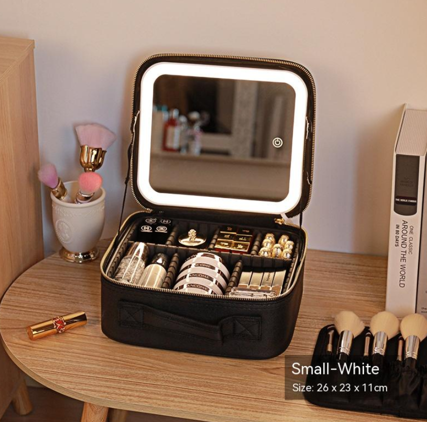 Portable Cosmetic Bag with Mirror & LED Light, Skin Care Storage Box