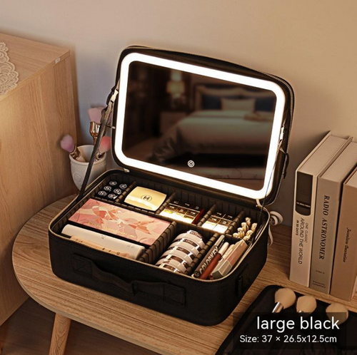 Portable Cosmetic Bag with Mirror & LED Light, Skin Care Storage Box